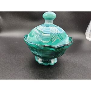 VTG Imperial Slag Glass Lidded Candy Dish Trinket‎ Bowl Green Original Sticker
